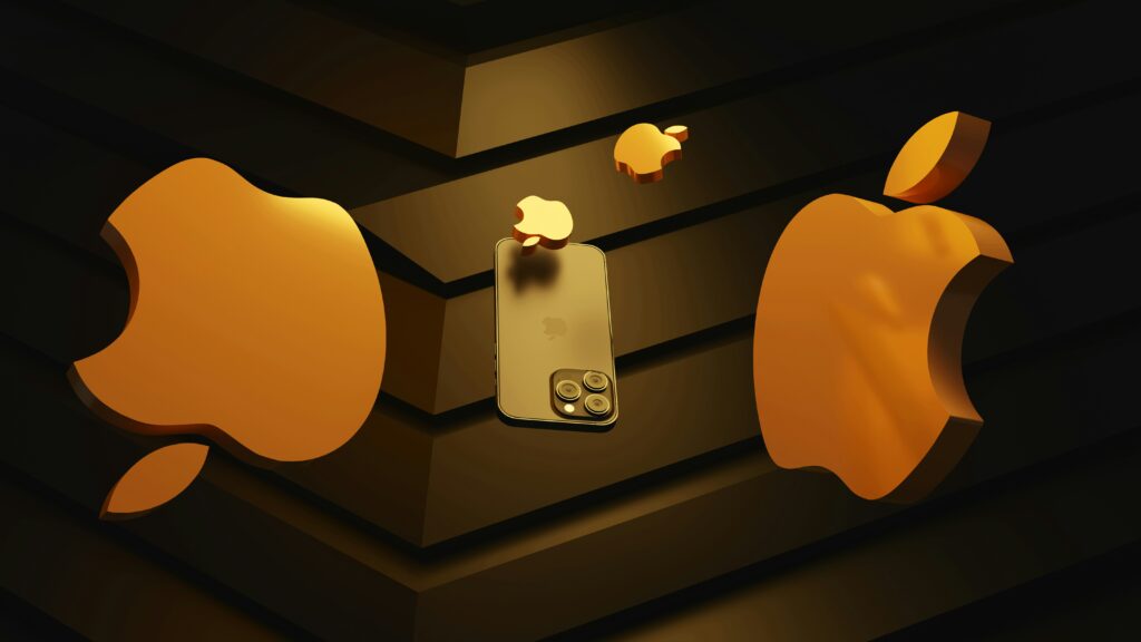 Gold iPhone with triple camera and floating Apple logos on a dark, futuristic background.